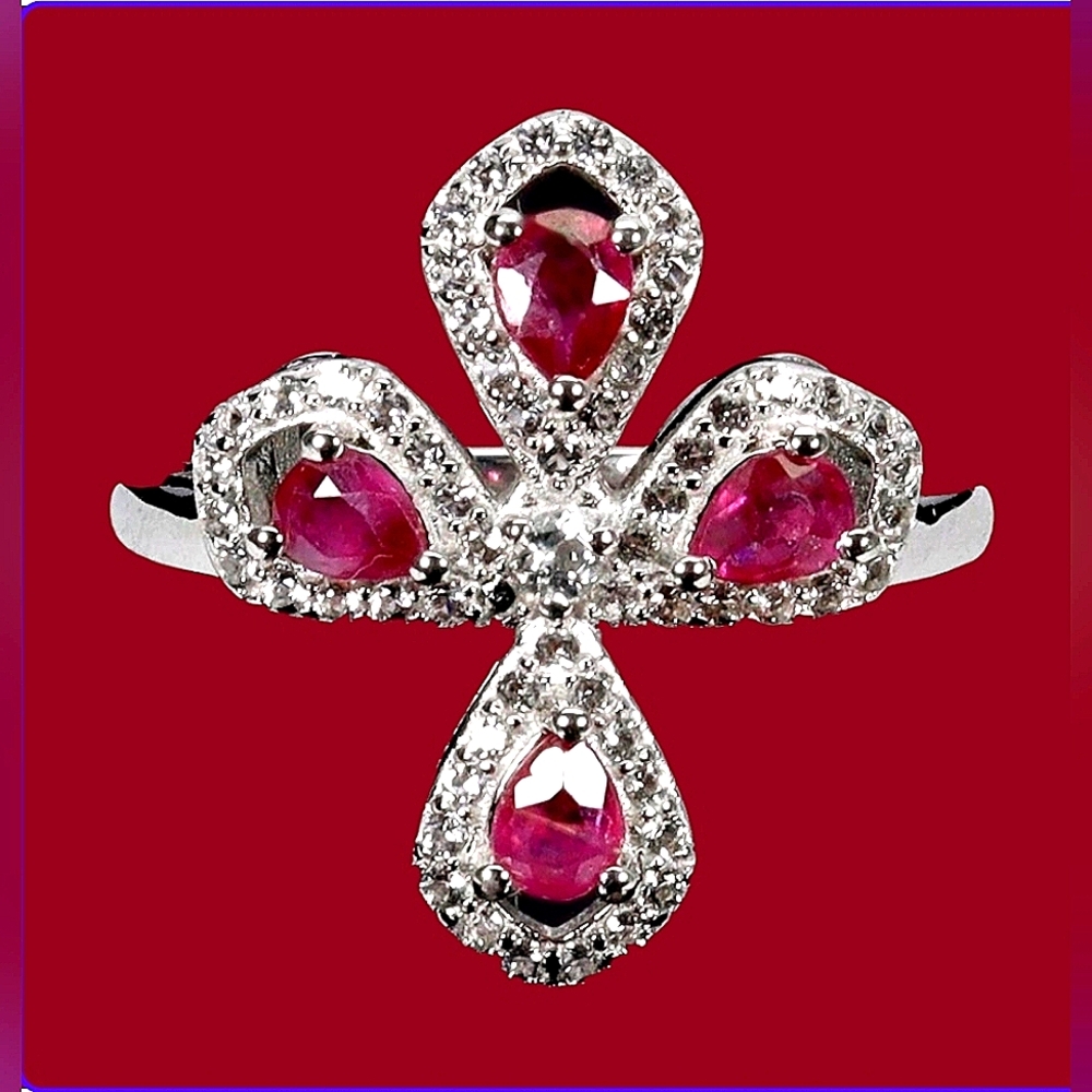 925 Sterling Silver Ring Sz 6.75 with Natural Ruby 4x3mm & White Topaz Gems